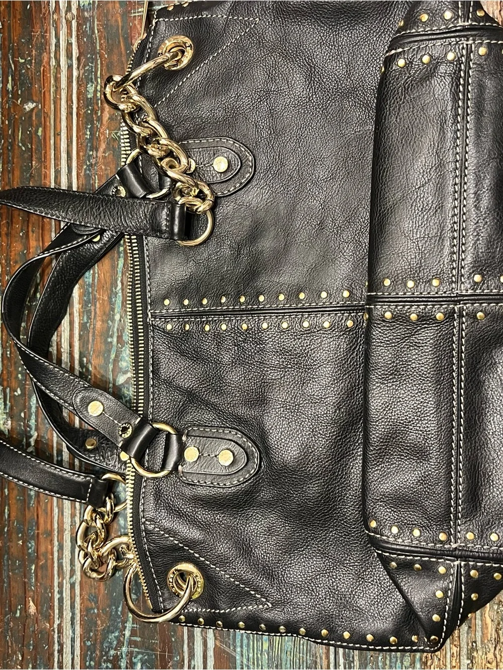 Michael Kors Black Leather Studded Shoulder Tote with Gold Chain